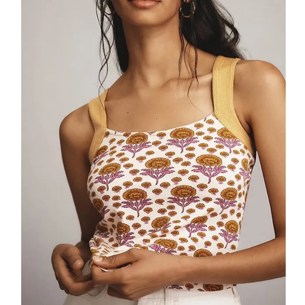 Maeve Floral Ribbed Tank Top in Mustard and Pink